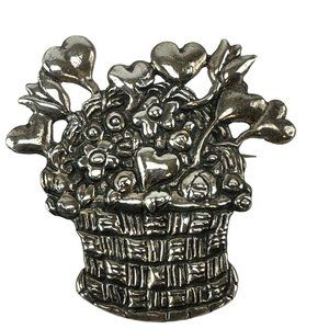 Meink 925 Silver Brooch Basket of Flowers with Hearts